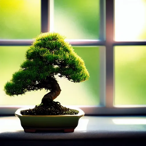 Prompt: a miniature bonsai in a window, inside a room, 8k, hdr, warm lighting, sunlight coming through the window