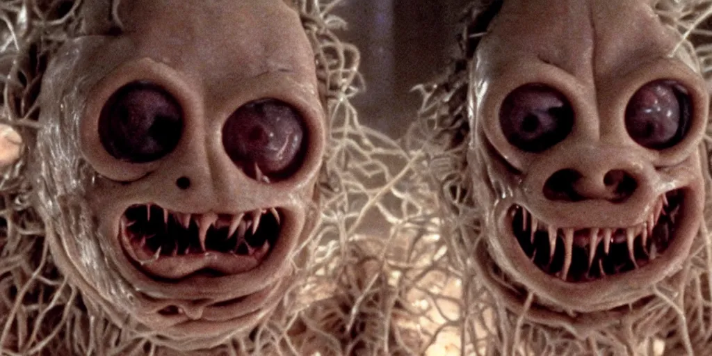 Image similar to filmic extreme closeup dutch angle movie still 4k UHD interior 35mm film color photograph of a a detached snarling distorted deformed human head protruding out of a mutated abstract shape shifting organism made of human internal organs, in the style of a horror film The Thing 1982