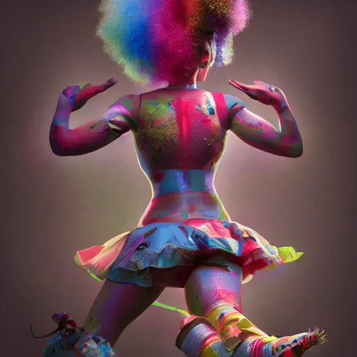 Image similar to full body pose, hyperrealistic mixed media painting of a flirty clown, dim volumetric lighting, 8 k, octane beautifully detailed render, extremely hyper detailed, intricate, epic composition, cinematic lighting, masterpiece, trending on artstation, very very detailed, masterpiece, stunning, hdr, smooth, sharp focus, high resolution, award, winning photo, dslr, 5 0 mm