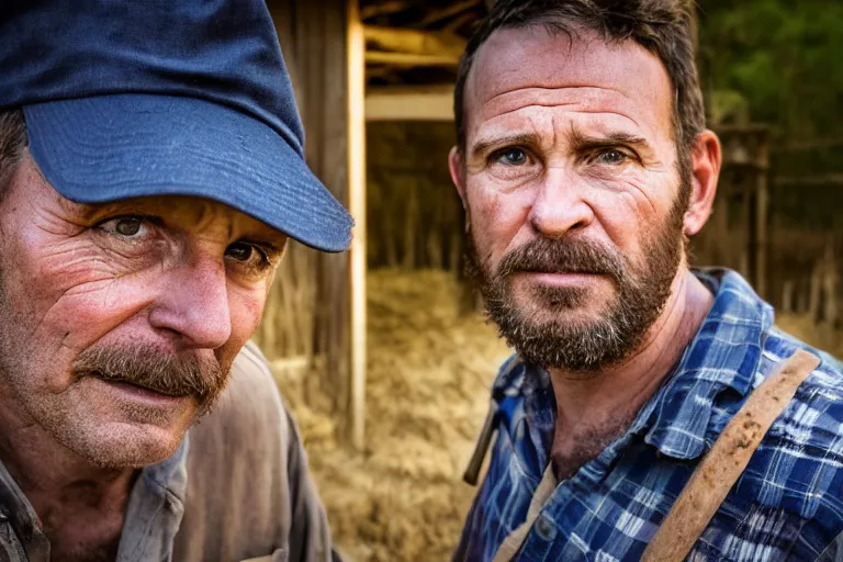 Image similar to a headshot portrait of a farmer, stood outside a wooden cabin, ultra realistic, dramatic lighting