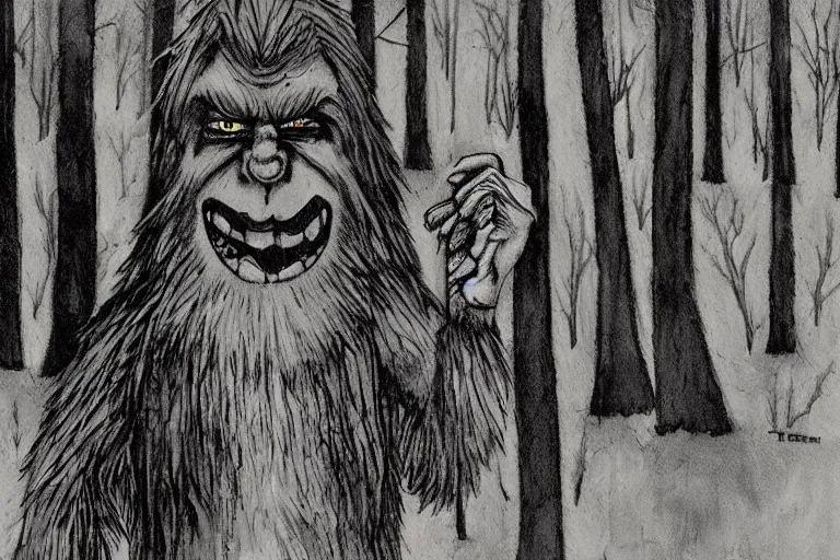 Image similar to mad bigfoot screaming in the woods artwork by ben templesmith