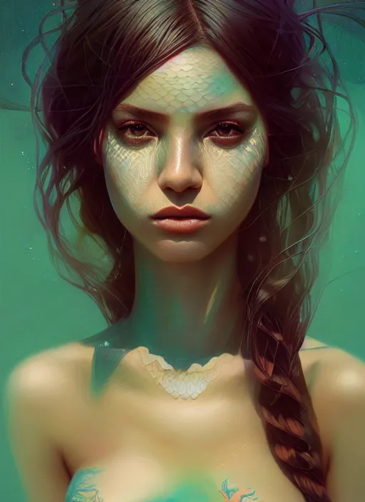 Prompt: portrait of mermaid, latina, rule of thirds, haze, intricate, anime, symmetrical!!, makeup, loreal, maybelline, sephora, trending on artstation, art by greg rutkowski and rachel suggs and artgerm, filmic, vsco, concept art, digital painting, depth of field, cg society, elegant, model