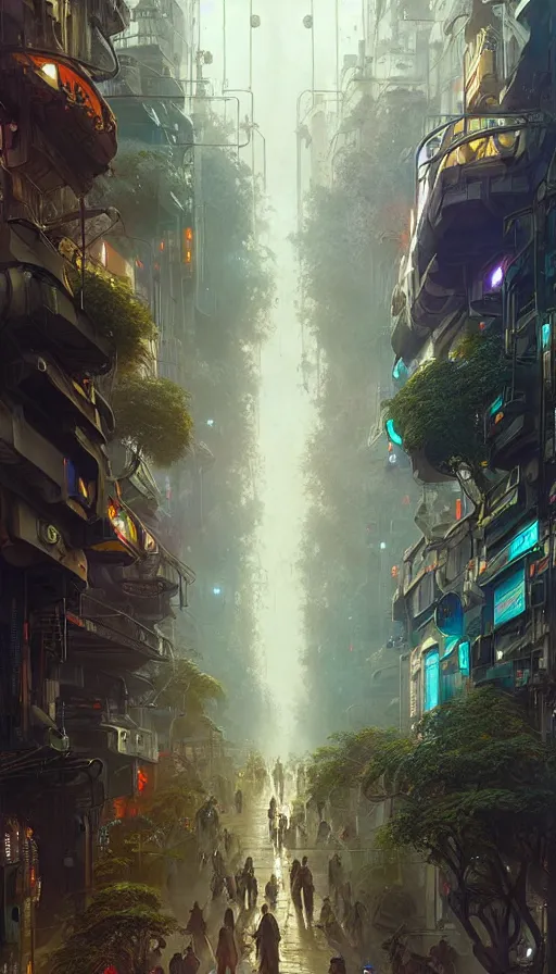 Image similar to hyper realistic cyberpunk city, busy crowded market street overtaken by lush plants, gnarly trees by tom bagshaw, mucha, gaston bussiere, craig mullins, j. c. leyendecker 8 k