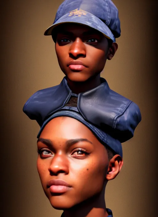 Image similar to An epic fantasy comic book style portrait painting of a young dark skinned girl with short hair wearing fantasy clothes dressed as a boy and wearing newsboy cap, unreal 5, DAZ, hyperrealistic, octane render, cosplay, RPG portrait, dynamic lighting