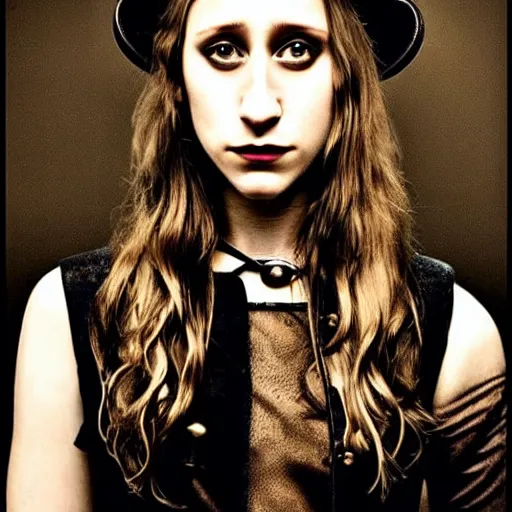 Image similar to in the style of pedro campos, beautiful taissa farmiga, steampunk, elegant pose, middle shot waist up, symmetrical face symmetrical eyes, cinematic lighting, detailed realistic eyes, short neck, insanely detailed and intricate elegant