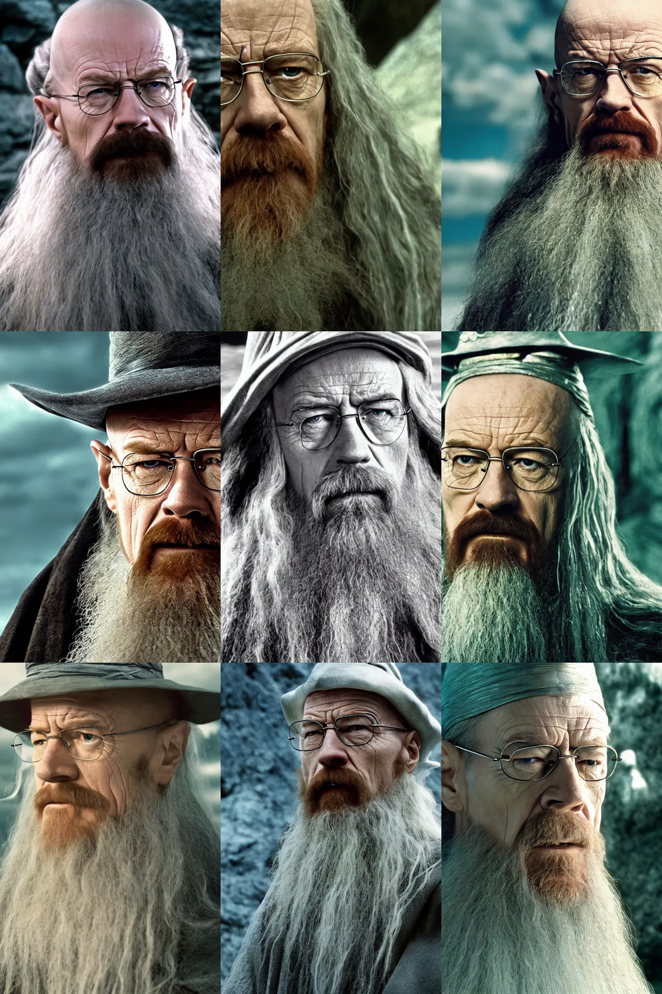 Prompt: Walter White as Gandalf the White, movie still from Lord of the Rings, ultra high definition, 4k, film grain