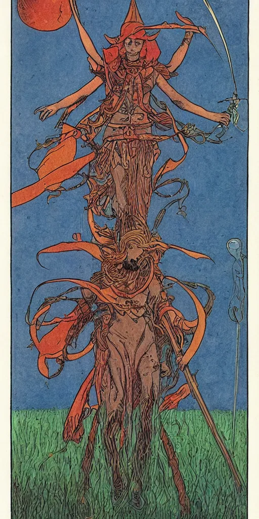 Image similar to the tarot card of the magician painted by moebius.