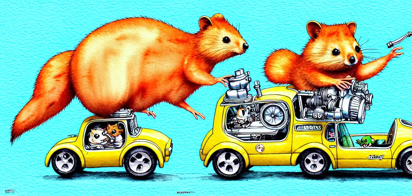 Image similar to cute and funny, quokka riding in a tiny hot rod with oversized engine, ratfink style by ed roth, centered award winning watercolor pen illustration, isometric illustration by chihiro iwasaki, edited by range murata, tiny details by artgerm and watercolor girl, symmetrically isometrically centered