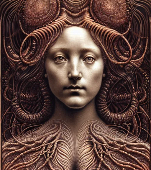 Image similar to detailed realistic beautiful copper goddess face portrait by jean delville, gustave dore, iris van herpen and marco mazzoni, art forms of nature by ernst haeckel, art nouveau, symbolist, visionary, gothic, neo - gothic, pre - raphaelite, fractal lace, intricate alien botanicals, biodiversity, surreality, hyperdetailed ultrasharp octane render