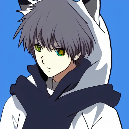 Image similar to key anime visual portrait of a handsome male anthro wolf furry fursona with beautiful eyes, wearing a hoodie, official modern animation