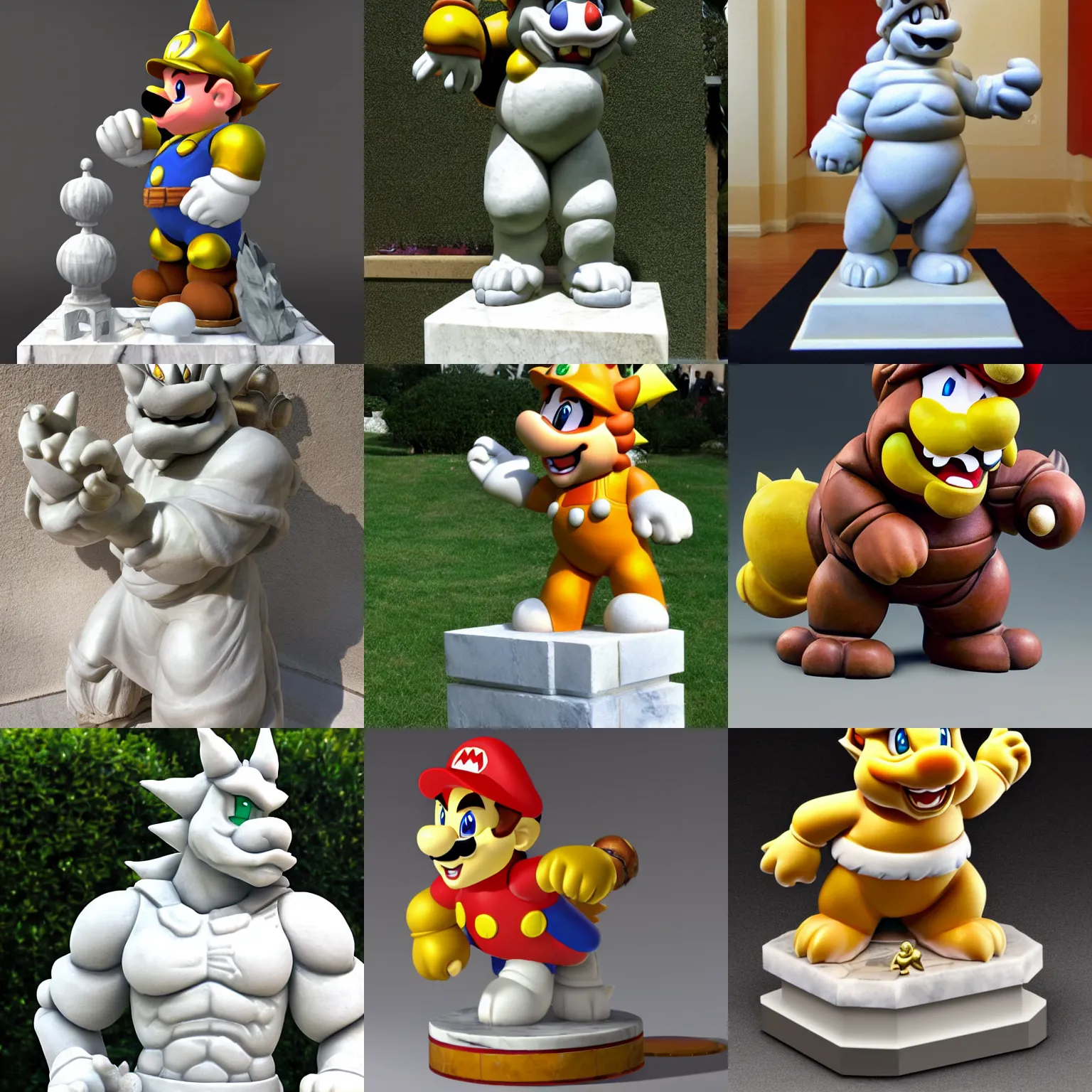 Prompt: a marble statue of bowser from super mario 6 4,