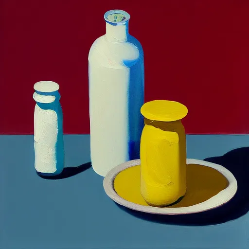 Prompt: ultrafine detailed painting of a glass bottle on top of a table, still life by julian schnabel and john chamberlain, tonalism, oil on canvas, surrealist painting, behance, academic art