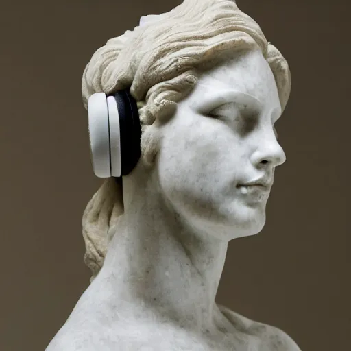 Prompt: a marble sculpture, using headphones in the bathroom