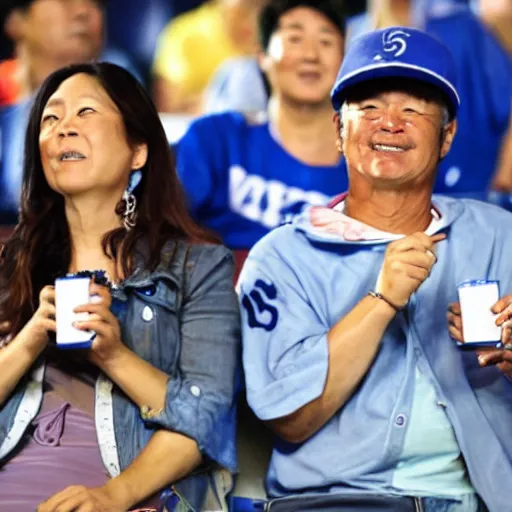 Prompt: a middle aged couple cheering on the Yokohama Baystars Japanese baseball team while drinking beer.