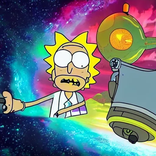 Image similar to rick and morty battle spongebob squarepants in space, galaxy, hd, explosions, gunfire, lasers, spatula, giant, epic, showdown, colorful