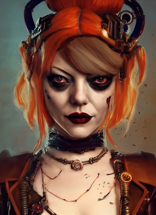 Image similar to steampunk goth autumn portrait of emma stone as harley quinn, hyper detailed, digital art, cinematic lighting, studio quality, smooth render, unreal engine 5, octane rendered, art style by klimt and nixeu and ian sprigger and krenz cushart.