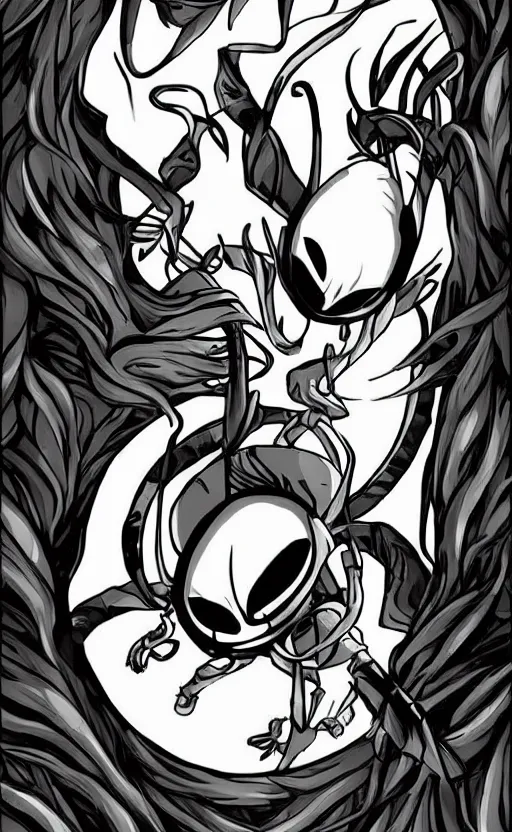 Image similar to Hollow Knight poster, very clean art, thick black clean lineart, Hollow Knight artstyle, beautiful mysterious feeling