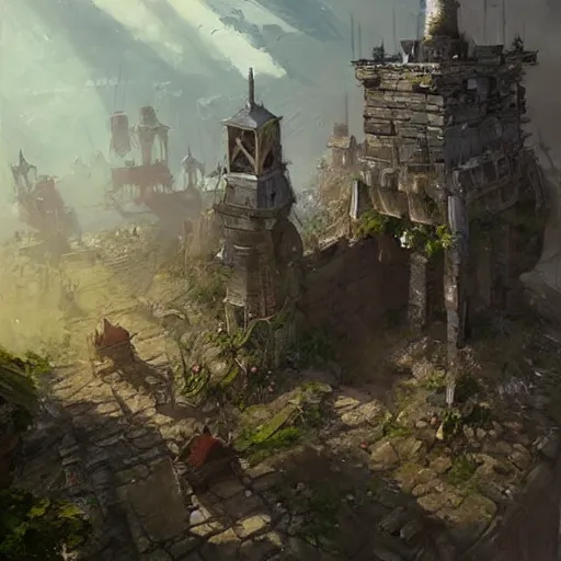 Prompt: a moving siege tower with cart wheels, crossbow on the tower, epic fantasy style art by Craig Mullins, fantasy epic digital art, epic fantasy card game art by Greg Rutkowski