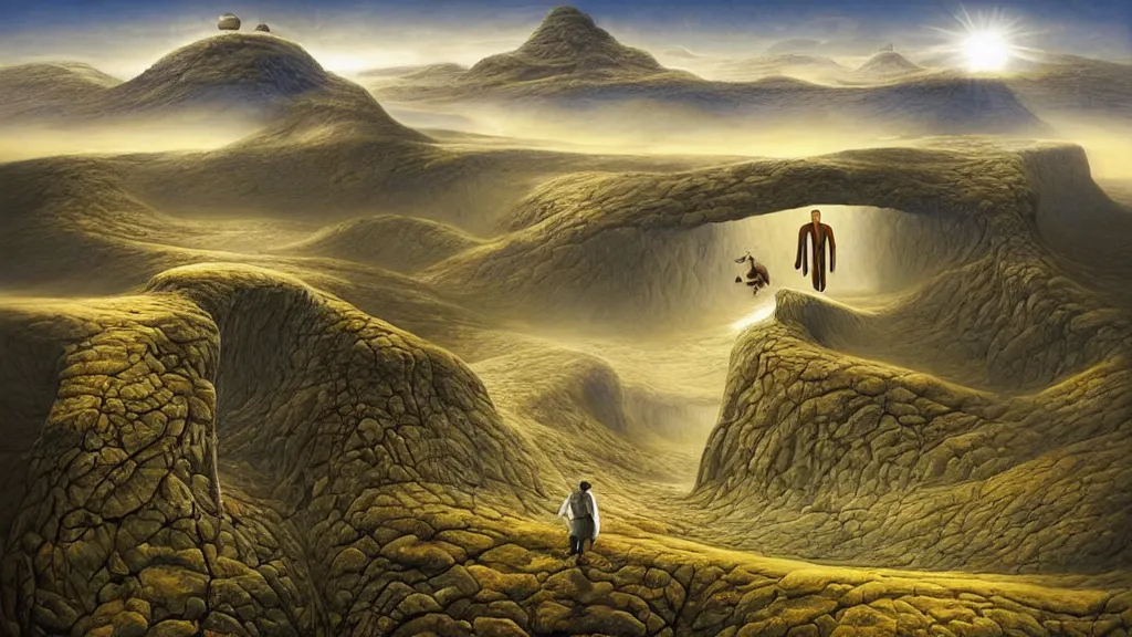 Image similar to surreal yorkshire landscape with anthropomorphic!! terrain!!! in the styles of igor morski, jim warren, and rob gonsalves, intricate, hyperrealistic, volumetric lighting, serene, imaginative