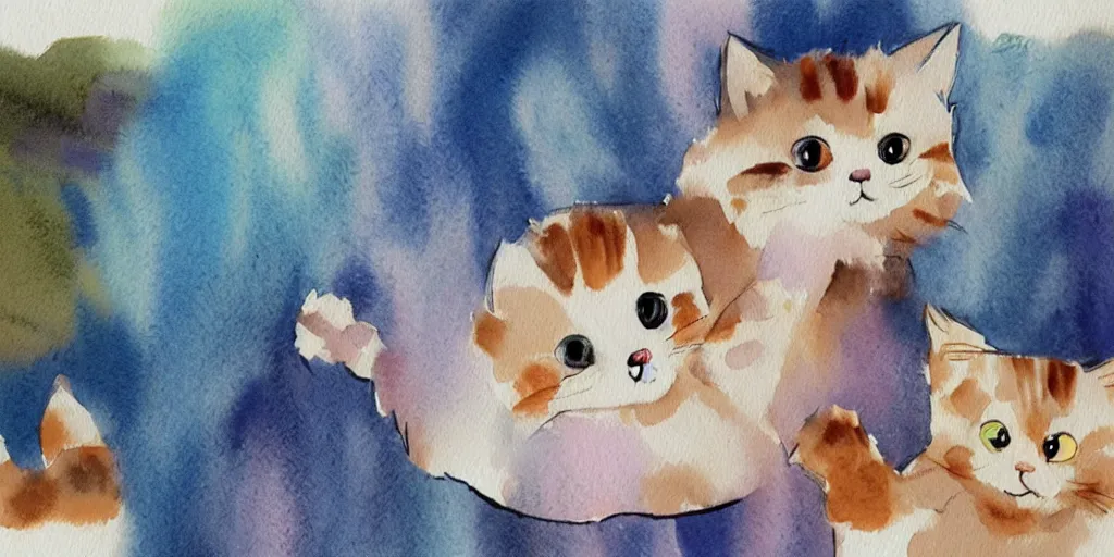 Image similar to watercolor illustration style, cute! cats!! training!