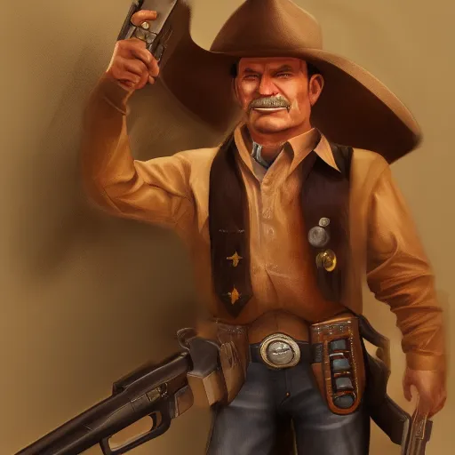 Prompt: a man in a cowboy outfit holding two guns, concept art by Tony DiTerlizzi, cgsociety, american realism, xbox 360 graphics, prerendered graphics, concept art