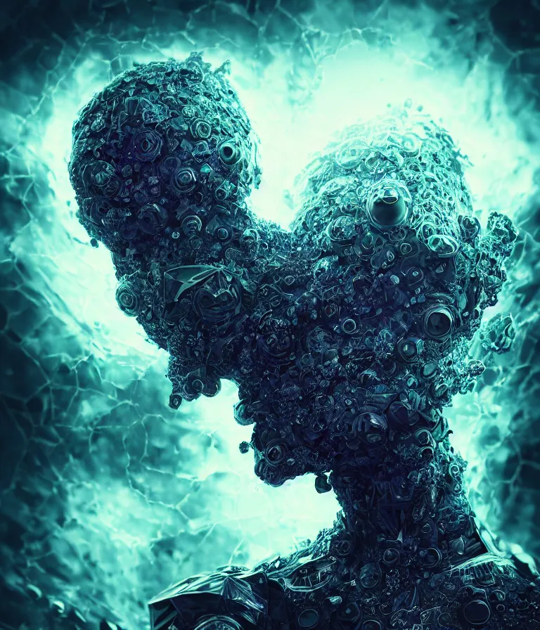 Image similar to impressive ominous front!! shot photo of a court jester character fine portrait fine portrait mesmerizing fractal hyper cubes platinum cracked dark future hyper dimensional space galactic crystal nebula edges elegant detailed intricate concept artstation sharp focus ray tracing cinematic masterpiece temporal corruption beeple wlop germ 8 4 k scifi glossy hyper realistic illustration canon eos r 3 fujifilm x - t 3 0 sony alpha a 6 6 0 0