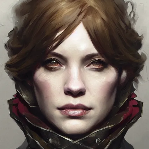 Image similar to portrait of christina hendricks in dishonored 2, painted by greg rutkowski, painted by stanley artgerm, painted by igor kieryluk, digital art, promotional art, trending on artstation