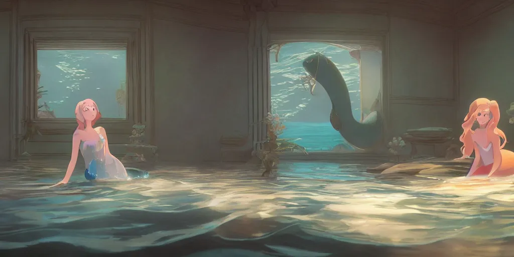 Image similar to animation key shot of a young mermaid swimming in an elegant palace bedroom sunken in the ocean, studio ghibli, pixar and disney animation, sharp, rendered in unreal engine 5, anime key art by greg rutkowski, bloom, dramatic lighting