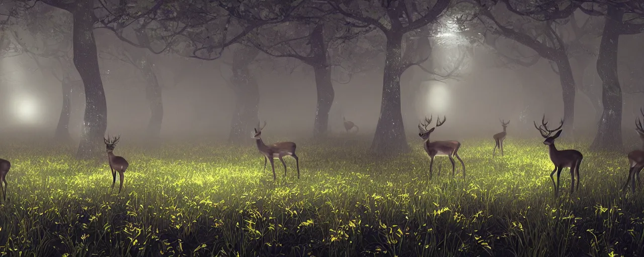 Image similar to deer in an ethereal electronic forest made from glowing circuits and electronics, highly detailed concept art, 3 d, dark, moody, led