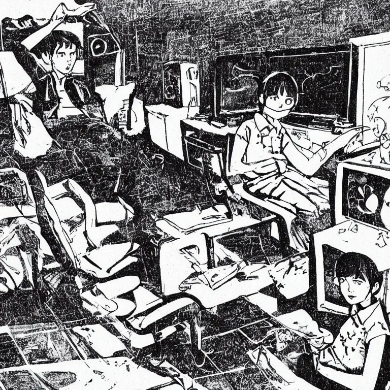 Image similar to illustration of teenager playing video games inside ominous creepy 1 9 8 0's teenagers bedroom. manga style of kentaro mirua,