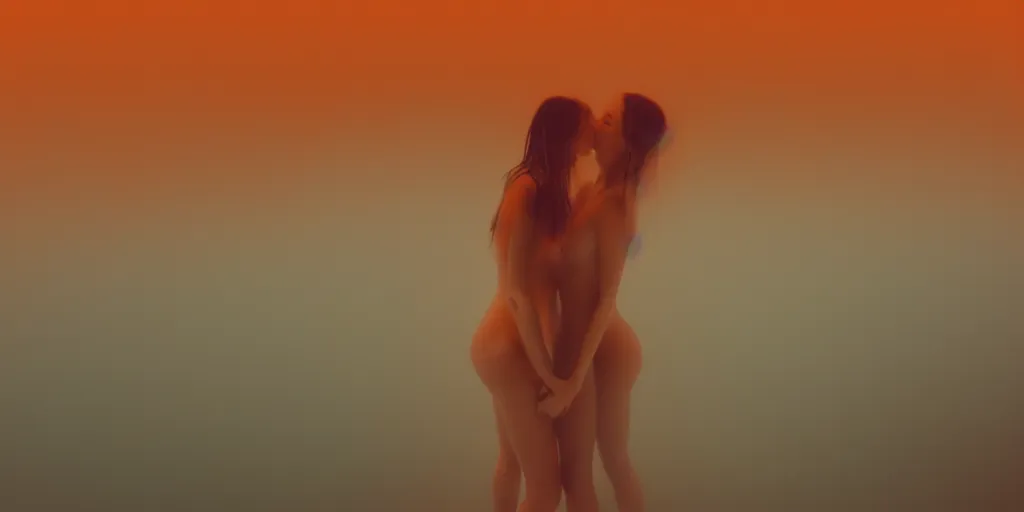 Image similar to a blurry closeup picture of gorgeous human bodies intertwined, female bodies, dripping wet, macro photography, long exposure photograph, surrealism, anamorphic bokeh, cozy, soft light, cyan and orange, caustic, atmospheric fog, octane render, cinematic