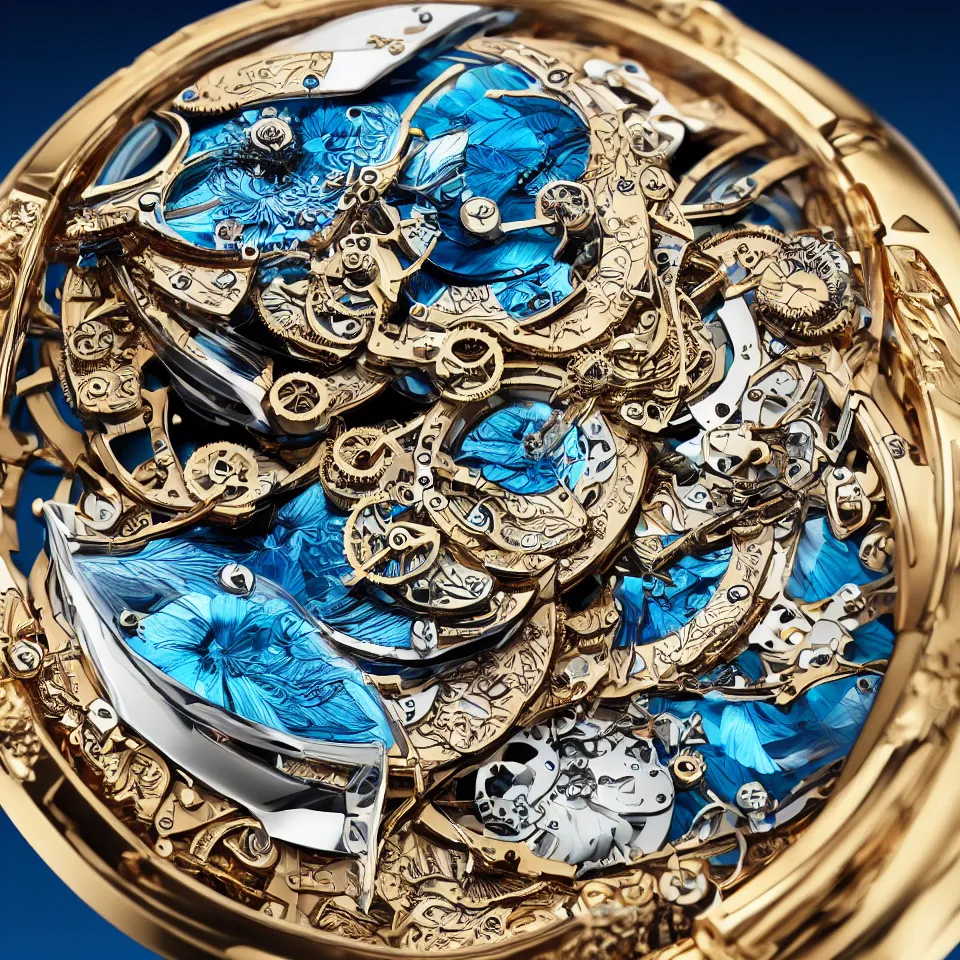 Image similar to a steampunk sleek, jewelled, tropical bird repeater watch by Jaquet Droz, highly detailed illustration highlights, gold and silver highlights, neon blue highlights, macro photography, F/2.8, trending on artstation, octane render