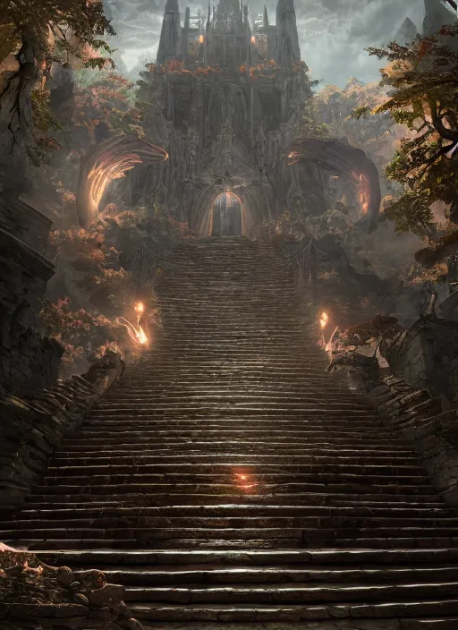 Image similar to castle stairs, ultra detailed fantasy, elden ring, realistic, dnd, rpg, lotr game design fanart by concept art, behance hd, artstation, deviantart, global illumination radiating a glowing aura global illumination ray tracing hdr render in unreal engine 5