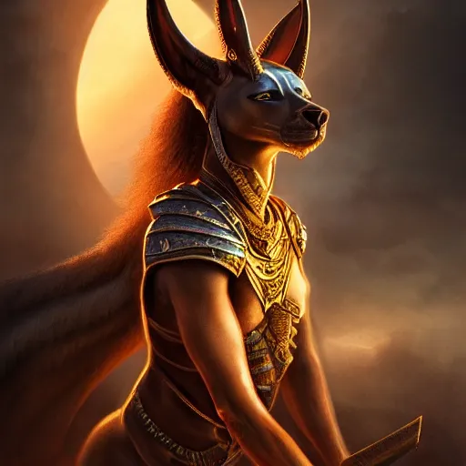 Image similar to Majestic Anubis female warrior portrait, atmospheric lighting, painted, intricate, volumetric lighting, beautiful, rich deep colors masterpiece, golden hour, sharp focus, ultra detailed, by Leesha Hannigan, Ross Tran, Thierry Doizon, Kai Carpenter, Ignacio Fernández Ríos