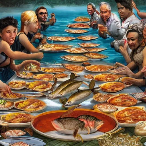 Prompt: a large group of fish eating at a buffet, photorealistic, very detailed