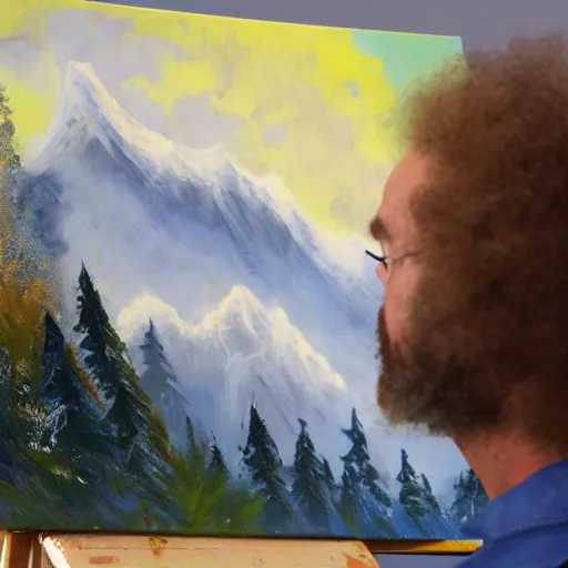 Prompt: a closeup photorealistic photograph of bob ross in the studio, working on a canvas painting of iron man. mountain scape. film still, vibrant colors. this 4 k hd image is trending on artstation, featured on behance, well - rendered, extra crisp, features intricate detail, epic composition and the style of unreal engine.