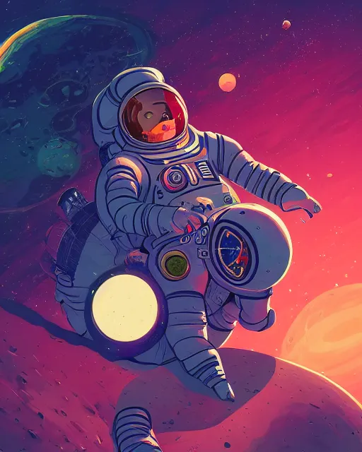 Image similar to wide shoot portrait an cosmonaut lie relaxed on a crescent moon between the stars and the planets in outer space, cosmonaut post grunge concept art,high detail,4k, trending on artstation by josan gonzalez and tyler edlin