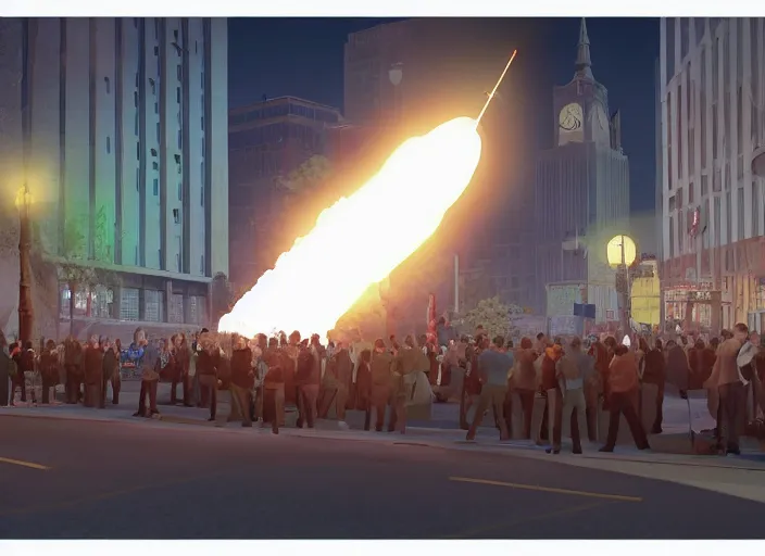 Prompt: crowd of working citizens protests while missles and bombs explode in the city, DSLR 35mm, by Edward Hopper and Dan Mumford and WLOP and Aleksandr Aleksandrovich Deyneka and Andrei Andreyevich Popov, Unreal Engine 5, Lumen, Nanite