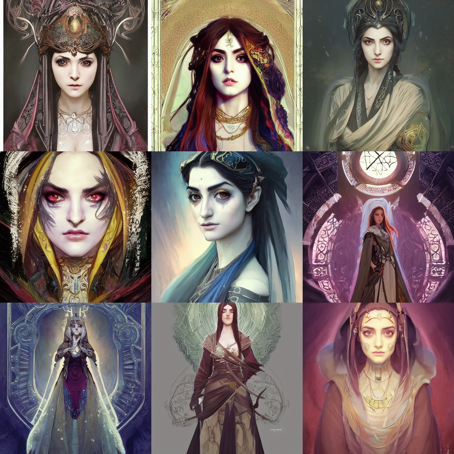 Prompt: masterpiece head-on symmetrical centered painted portrait, Maya Ali as D&D Mage, Dark Souls game style, wearing wizard robes, elegant, in the style of ROSSDRAWS and Ruan Jia and Ross Tran and Alphonse Mucha and Ayami Kojima and Charlie Bowater and Karol Bak and Jean Delville, pixar, maya engine, splash comics, global illumination lighting, rich bright colours