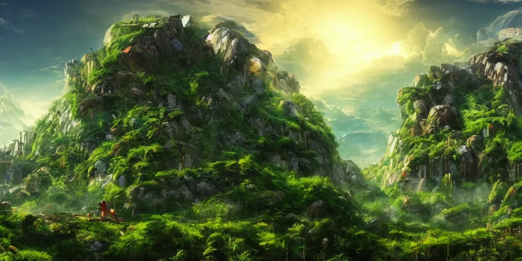 Prompt: a cinematic composition : where a myserious character floats atop a mountain radiating his transformative energy, the energy shifts the cybernetic cyberpunk civilization in the valley to a lush green overgrowing solarpunk civilization