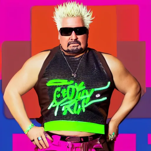 Image similar to guy fieri covered in chocolate wearing a neon colored mesh crop top and pit vipers