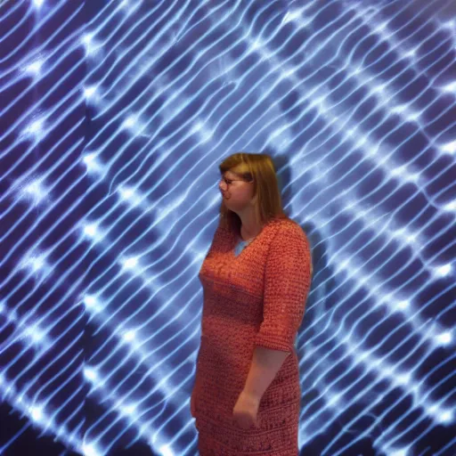 Prompt: a woman stands in front of a projector that projects a pattern onto her and the wall behind her