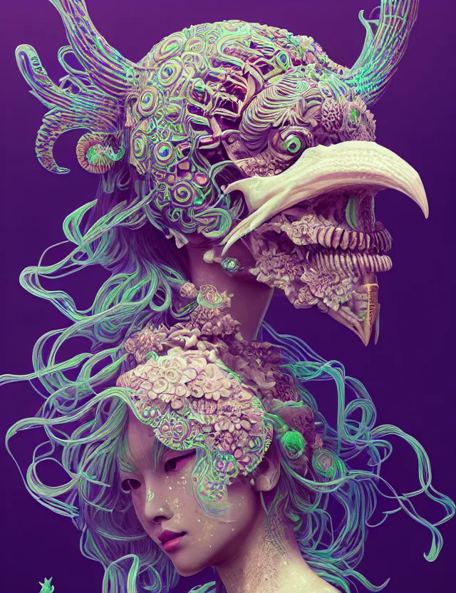 Image similar to 3 d goddess close - up profile solarpunk portrait ram skull. beautiful intricately detailed japanese crow kitsune mask and clasical japanese kimono. betta fish, jellyfish phoenix, bio luminescent, plasma, ice, water, wind, creature, artwork by tooth wu and wlop and beeple and greg rutkowski