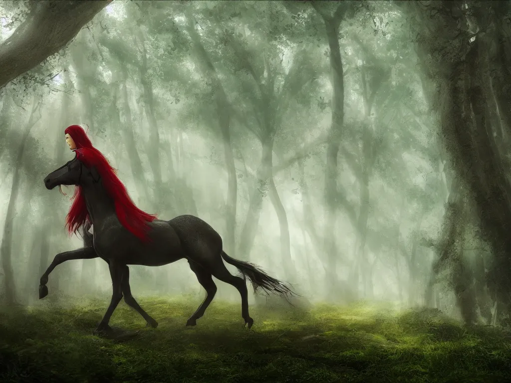 Image similar to a female beauty with red cap rides on a strong black horse slowly through a dense misty green oak and beech forrest, rays of life, cinematic, fantasy art, moody morning light, cryengine, trending on artstation, by john howe, by ridley scott, by peter jackson