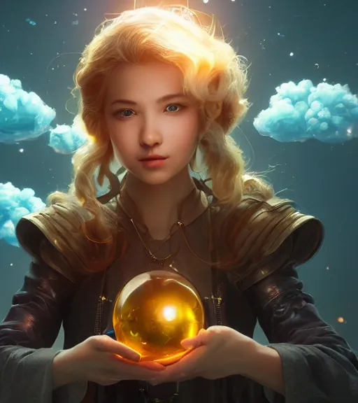 Prompt: girl holding a crystal ball of electric clouds highly detailed, trending on Artstation, Unreal Engine 4k, cinematic wallpaper by Stanley Artgerm Lau, WLOP, Rossdraws, James Jean, Andrei Riabovitchev, Marc Simonetti, and Sakimichan