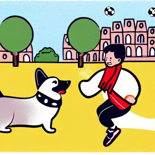 Image similar to illustration of boy playing football with a corgi wearing a polkadot scarf on the streets of paris