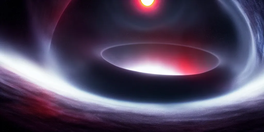 Image similar to giant glowing black hole in deep space, portal, day, ultra high definition, ultra detailed, sci - fi, dark fantasy, by paul chadeisson and denis villeneuve