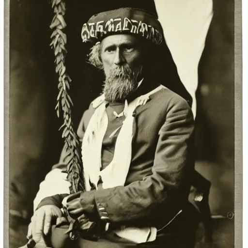 Prompt: A 1900 photography of a colonial explorer wearing bauhaus cloth next to a eagle