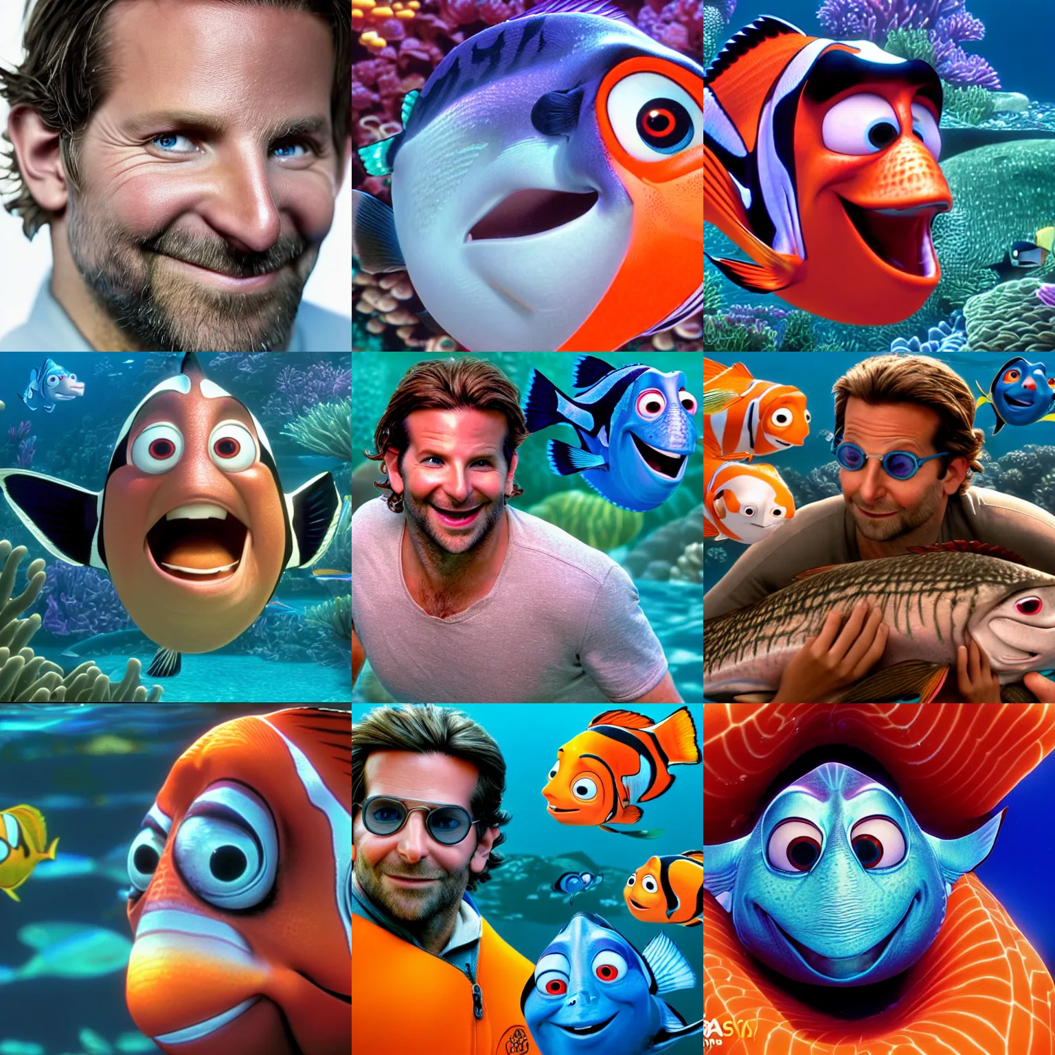 Prompt: bradley cooper in finding nemo, pixar, 8 k, portrait, detailed face, swimming, big bass fishing, fish market, fish face, scales