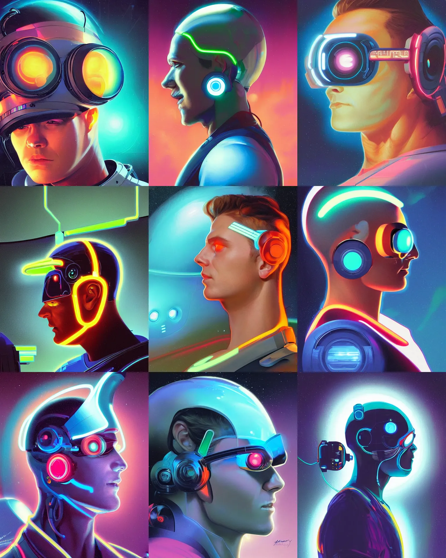 Prompt: side view future coder man, sleek cyclops display over eyes and glowing headset, neon accents, holographic colors, desaturated headshot portrait digital painting by rhads, john berkey, tom whalen, alex grey, alphonse mucha, donoto giancola, dean cornwall, astronaut cyberpunk electric lights profile